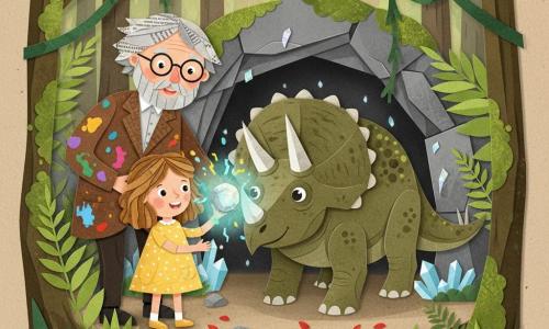 Émilie, 6 ans, souriante, cheveux bouclés châtain clair, en robe jaune à pois blancs, tend une pierre ronde lumineuse bleu-vert vers un triceratops massif brun-vert aux trois cornes blanches qui garde l’entrée d’une grotte; son grand-père d’environ 70 ans, cheveux gris ébouriffés et lunettes rondes, la touche doucement à l’épaule, regard protecteur; autour, forêt préhistorique dense avec fougères géantes, troncs moussus, lianes et cristaux, sol de pierres plates, racines et pétales rouges, lumière douce de la pierre éclairant les visages; scène de négociation pacifique, atmosphère douce, couleurs chaudes et contrastes clairs, style collage papier aux bords découpés, textures superposées et formes simples adaptées aux enfants.