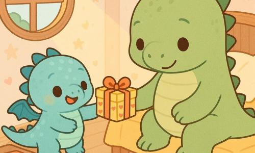 Petit petit dragon bleu rond aux écailles claires souriant tient une boîte cadeau colorée ornée de cœurs et souffle pour sécher la peinture; Papa Dragon, grand et doux aux écailles vert mat, assis sur le lit à droite, reçoit la boîte avec émotion et ouvre la main pour prendre un coupon-câlin; sur la table à gauche, feuilles colorées, crayons, plumes et une petite écharpe tricotée, cœurs et fleur en papier éparpillés; chambre chaleureuse avec couette jaune, fenêtre ronde laissant passer un rayon doré, murs pastel étoilés et sol en bois clair; moment tendre et festif, ambiance calme et joyeuse, couleurs douces et contrastes vifs, composition centrée sur l’échange.