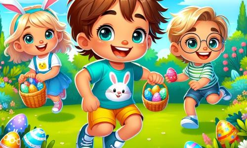 Un garçon de 6 ans, Maxime, aux cheveux châtains et yeux pétillants, saute de bonheur dans un jardin verdoyant. Il porte un t-shirt bleu avec un motif de lapin et un short jaune, tenant un panier d'œufs colorés. À côté, Clara, une fille de 6 ans aux cheveux blonds tressés, cherche un œuf derrière un buisson fleuri. Lucas, un garçon aux cheveux bruns et lunettes rondes, ramasse un œuf bleu sous un arbre. Le jardin est rempli de fleurs colorées, d'arbres majestueux et d'une pelouse verte, sous un ciel bleu avec des nuages. La scène montre Maxime et ses amis en pleine chasse aux œufs de Pâques, riant et s'amusant, entourés d'œufs en chocolat et de surprises, dans une ambiance festive.