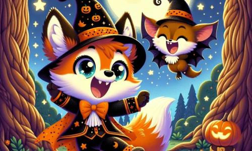 Renardo, un petit renard orange aux yeux pétillants et à la queue touffue, porte un costume magique orange et noir orné de citrouilles et de chauves-souris. Il sourit avec excitation en dansant dans une clairière illuminée par la lune. À ses côtés, Batou, une petite chauve-souris aux ailes brillantes, vole en zigzag, riant avec enthousiasme. La scène se déroule dans une forêt enchantée avec des arbres noueux, des citrouilles souriantes et des fantômes amicaux, créant une ambiance festive. Renardo et Batou participent à une fête d'Halloween entourés d'animaux dansants sous un ciel étoilé.