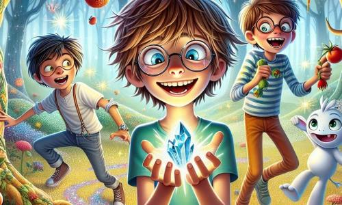 Au centre de l'image, Maxime, un garçon de onze ans avec des cheveux en bataille et des lunettes, tient un cristal brillant, émerveillé. À sa droite, Hugo, souriant, jongle avec des tomates farcies. À gauche, Léo, avec des lunettes de protection et une béquille colorée, se prépare à faire une pirouette. En arrière-plan, Bloublou, un petit être bleu, flotte avec un sourire espiègle. Le décor est une forêt enchantée avec des arbres torsadés et des feuilles multicolores. Les quatre amis rient et courent après un cristal dansant, sous le regard amusé d'un grand chêne, créant une atmosphère joyeuse et pleine d'aventure.
