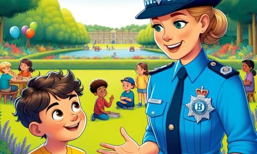 Au centre de l'image, Marianne, une policière d'une trentaine d'années, sourit largement en portant un uniforme bleu vif avec un insigne. Elle parle à un groupe d'enfants, les bras ouverts. À sa droite, Lucas, un garçon de 8 ans avec des cheveux bruns et des lunettes rondes, l'écoute avec admiration, tenant un petit casque de policier. En arrière-plan, un parc verdoyant avec des arbres, des fleurs et des ballons est visible, où des tables sont installées avec des jeux éducatifs sur la sécurité et d'autres enfants jouent. La scène illustre Marianne expliquant l'importance de la sécurité dans une ambiance joyeuse.