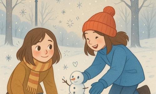 Deux filles de 12 ans dans un parc en fin d’après‑midi sous une neige fine : l’une réservée et curieuse, visage rosé, écharpe rayée, se relève doucement après une petite chute en souriant timidement; l’autre, Sara, vive et enjouée en bonnet rouge et manteau bleu, façonne un petit bonhomme de neige artisanal (trois boules irrégulières, boutons noirs, brindille en nez) posé sur une touffe de neige entre elles; lampadaires orangés, arbres poudrés et traces de pas, ambiance calme et douce aux tons froids rehaussés d’accents chauds; léger overlay de doodles — flocons stylisés, étoiles, lignes de mouvement et un petit cœur près du bonhomme.