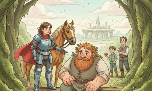La chevaleresse Liora, une fille au visage déterminé et chaleureux, porte une armure un peu trop grande aux reflets bleus et une cape au vent; elle tient la bride de son cheval et montre doucement le chemin du doigt. Grommelin, un géant aux traits doux et barbe rousse mêlée de feuilles, s’assoit prudemment sur un tronc pour glisser à travers le ravin, les mains larges posées sur ses genoux et les yeux attendris. Brindille, la jument alezane, se tient proche, naseaux frémissants et oreilles en avant, prête à partir. Un garçon du village d’une dizaine d’années, petit et admiratif, tient une pomme rouge en arrière-plan sur le sentier, le bailli (40–50 ans) en costume simple, bras croisés et sourire timide, se tient à côté de lui. Le lieu est un ravin étroit du Bois des Roncebrunes, branches vernies de mousse, un tronc servant de passerelle et, au loin, un plateau de pierres claires sous un ciel pastel à nuages bas. La scène dégage une atmosphère tendre et calme : Liora guide le géant en le faisant glisser lentement sur le tronc, textures humides, lumière douce et entraide.