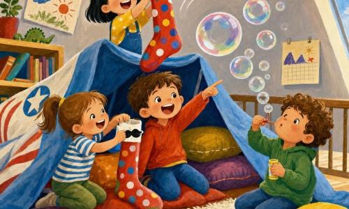 Quatre enfants de 5 ans dans une mezzanine cosy transformée en cabane-avion : Jules, châtain court, grand sourire, agenouillé au centre, montre la chaussette-drapeau ; Léa, queue-de-cheval, t-shirt rayé, à gauche, colle en riant un petit dessin de moustache sur la chaussette ; Malo, cheveux bouclés, à droite, souffle de grandes bulles irisées ; Sora, cheveux noirs au carré, debout derrière Jules sur une pile de coussins, tient la chaussette à pois comme un trophée ; décor : plancher bois clair, tapis et coussins, couverture formant la cabane, guirlandes de papier, petite lampe crème suspendue, étagère basse et calendrier couvert de dessins ; ambiance joyeuse et chaleureuse, oreiller en vol comique vers la lampe, bulles translucides scintillantes, couleurs gouache vives et coups de pinceau visibles.