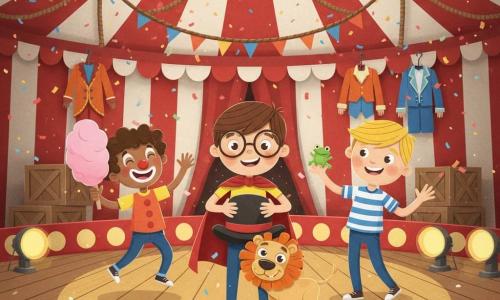 Trois garçons de 8 ans : Jules, cheveux bruns courts et lunettes rondes, cape rouge, tenant un grand chapeau melon au centre ; Malik, peau mate, cheveux bouclés, nez de clown rouge, riant et sautillant à gauche avec une barbe à papa rose ; Théo, cheveux blonds, t-shirt rayé bleu et blanc, tenant une petite grenouille en plastique à droite en regardant le chien. Un petit chien beige déguisé en lion, avec une crinière en tissu orange et une expression malicieuse, tient le chapeau melon dans sa bouche devant Jules. Dans l'intérieur d'un grand chapiteau rayé rouge et blanc au plafond haut, cordes et guirlandes de fanions, sol en planches, projecteurs jaunes dessinant des cercles de lumière, costumes et caisses en arrière-plan. Scène joyeuse et dynamique : les garçons ont retrouvé le chapeau de Monsieur Loyal, rires, confettis et paillettes, composition centrée, couleurs vives et contrastées, formes nettes, textures et contours rappelant du papier découpé, expressions exagérées et chaleureuses.