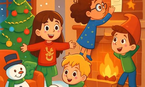 Quatre enfants sont présents : Lili, 8 ans, avec de longs cheveux bruns, porte un pull rouge et est debout devant le sapin de Noël. Tim, 7 ans, a des cheveux blonds en bataille, porte une écharpe verte et est accroupi près du bonhomme de neige. Zoé, 6 ans, avec des cheveux bouclés et des lunettes, porte une robe bleue et lit un indice près de la cheminée. Max, 7 ans, avec des cheveux châtains et un bonnet de lutin rouge, cherche un indice sur une chaise. La scène se déroule dans un salon chaleureux avec un sapin décoré, une cheminée crépitante et un bonhomme de neige en peluche. Les enfants sont en pleine aventure pour un jeu de piste magique de Noël, exprimant joie et excitation, tandis que des flocons de neige tombent doucement à l'extérieur.