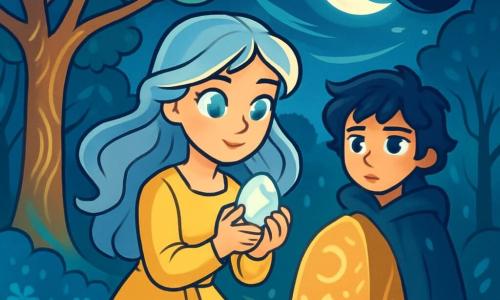Eléanor, une jeune femme aux yeux couleur de pierres de lune, se tient au centre d'une clairière éclairée par la lune. Ses longs cheveux argentés et son visage déterminé dégagent une lueur d'émerveillement. Elle tient une pierre claire brillamment mystique. À ses côtés, le Fils de l’Ombre, un garçon de 14 ans en manteau de brume, l'observe avec admiration et inquiétude. La clairière est entourée d'arbres-lyres aux troncs majestueux, leurs feuilles scintillant au vent. La Grande Pierre du Souffle, ornée de symboles anciens, émet une lumière douce. Eléanor est agenouillée devant la pierre, prête à offrir son cœur pour apaiser l'ombre menaçante de l'astre noir à l'horizon, tandis que le vent crée une atmosphère magique et tendue.