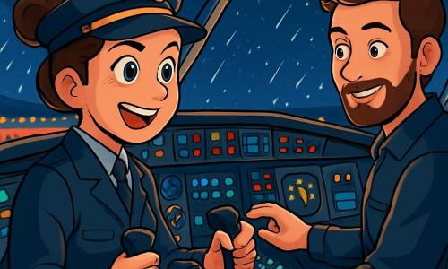 Clara, une pilote avec des cheveux châtains en chignon, porte une combinaison de vol bleu marine et une casquette avec un insigne. Son visage montre détermination et joie, ses yeux brillent d'excitation dans le cockpit d'un avion, prête à décoller. À ses côtés, Julien, son copilote d'environ 30 ans, vérifie les instruments avec un sourire confiant. Le cockpit est illuminé par des lumières et des instruments colorés, offrant une vue sur un ciel nocturne étoilé. L'avion est sur le point de décoller, avec les lumières de l'aéroport en arrière-plan, tandis qu'une légère pluie tombe sur la verrière, ajoutant une touche poétique à ce moment.