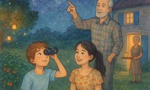 Léo, 12 ans, regarde le ciel avec des jumelles, calme et émerveillé, cheveux châtain en bataille, tee-shirt bleu pâle et short beige, assis sur une couverture à motifs; Inès, ~13 ans, sourit malicieusement, queue de cheval noire, robe fleurie, assise à côté de lui tenant un bracelet en ficelle et le regardant; Papi, ~60 ans, cheveux gris courts et barbe fine, chemise à carreaux, pointe une constellation debout légèrement derrière à droite; Mamie, ~58 ans, cheveux gris en chignon, robe à pois, tend un plateau avec deux verres de citronnade depuis la porte de la maison; jardin de campagne nocturne avec pelouse verte, parterre de tomates et fraisiers à gauche, lucioles et lanternes suspendues, table en bois et maison en pierre aux volets bleus; ciel très étoilé indigo-violet avec voie lactée visible et une étoile filante en haut à droite; ambiance douce et réconfortante, lumière chaude des lanternes contrastant avec la fraîcheur du ciel, rendu aquarelle flou avec textures papier; composition centrée sur les trois personnages sur la couverture, profondeur avec la maison en arrière-plan et le vaste ciel au-dessus.