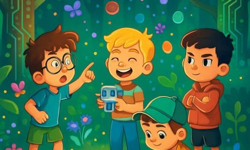 Quatre enfants se trouvent dans une forêt enchantée. Max, 10 ans, aux cheveux bruns en bataille et lunettes trop grandes, est à gauche, émerveillé par un portail magique. Léo, 9 ans, blond et souriant, se tient au centre avec un petit robot. Tom, 10 ans, aux cheveux noirs et déterminé, est à droite, prêt à avancer. Jules, 9 ans, châtain avec une casquette, est accroupi près du portail, dessinant des plans. La forêt est remplie d'arbres aux troncs en circuits électroniques et de feuilles scintillantes. Au centre, un cercle de pierres brillantes émet une lumière colorée, tandis que des fleurs luminescentes et des insectes colorés ajoutent à la magie. Les amis, excités et curieux, se préparent à sauter dans le cercle lumineux, entourés de bulles multicolores symbolisant la magie à venir.