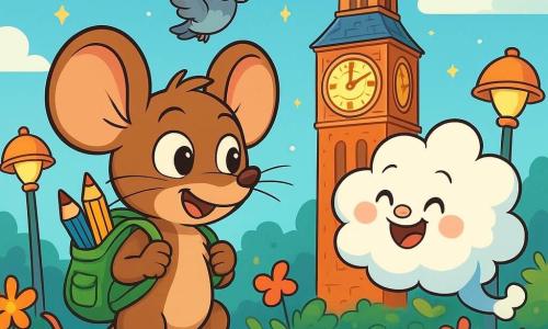 Noisette, une petite souris aux grandes oreilles et à la fourrure brune, se tient sur une corniche, les yeux écarquillés de curiosité. Elle porte un sac à dos rempli de fournitures scolaires, avec une liste en papier qui dépasse. À côté d'elle, Pompon, un nuage miniature aux joues roses, flotte joyeusement, prêt à s'envoler. En arrière-plan, la Tour de l'Horloge se dresse majestueusement, ornée de cadrans dorés, tandis que des lampadaires en forme de champignons éclairent le chemin. Les trottoirs sont pavés de couleurs vives, et des fleurs aux pétales multicolores dansent au rythme d'une douce brise. Noisette et Pompon discutent en riant, se préparant à affronter les escaliers chantants menant à la Tour, tandis que des pigeons aux lunettes rigolotes volent autour d'eux.