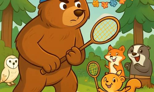 Un grand ours brun nommé Brindille se tient au centre d'un terrain de badminton, concentré et déterminé. Son pelage est doux et brillant, et il porte un bandeau bleu tout en tenant une raquette en bois. À ses côtés, un petit écureuil doré nommé Zéphir, enthousiaste, est prêt à jouer avec sa petite raquette. En arrière-plan, des amis animaux, dont une chouette blanche, une renarde rousse et un blaireau, regardent admirativement. Le lieu est une clairière ensoleillée entourée de pins verts, avec des guirlandes de fleurs suspendues. Le sol est recouvert d'herbe fraîche et de fleurs sauvages, tandis que des spectateurs animaux s'installent pour admirer le match. Brindille est prêt à frapper un volant, capturant l'excitation du moment, encouragé par ses amis.