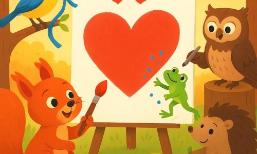 Mabot, petit écureuil roux au pelage brillant, peint un grand cœur rouge sur une toile blanche tandis que ses amis — Lila la mésange bleue et jaune tenant des rubans, Bruno le hérisson poussant des pots de peinture, Pipo la grenouille ajoutant des points bleus et Kiki la chouette écrivant des mots — décorent la toile dans une clairière au coucher du soleil avec pétales roses et lumière dorée, ambiance chaleureuse et ludique, couleurs vives, traits doux, style vectoriel plat.