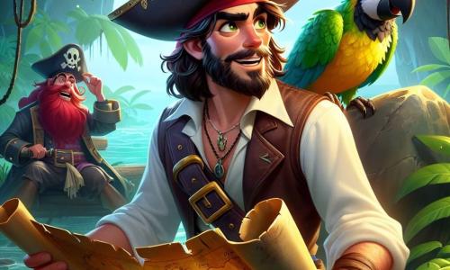 Pierre, le personnage principal, est un pirate d'une trentaine d'années avec de longs cheveux bruns et une barbe soignée. Il porte un chapeau de pirate avec une plume colorée et une chemise blanche sous un gilet en cuir. Son visage montre détermination et excitation alors qu'il brandit une carte au trésor, scrutant l'horizon. À ses côtés, Coco, un perroquet aux plumes vertes et jaunes, est perché sur son épaule, curieux et vigilant. Plus loin, Barbe Rousse, un vieux pirate d'environ cinquante ans avec une longue barbe rousse et un bandana, sourit en racontant une histoire à Pierre. La scène se déroule sur une île mystérieuse, entourée de brume, avec une jungle dense et une grotte sombre en arrière-plan. Pierre, Coco et Barbe Rousse se préparent à entrer dans la grotte où un trésor légendaire est caché. Pierre tient la carte avec enthousiasme, Barbe Rousse pointe l'entrée, et Coco est prêt à s'envoler.