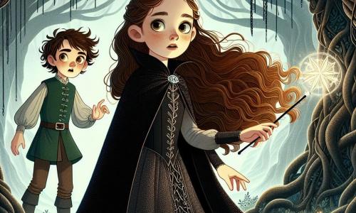 Au centre de l'image, Amélie, une jeune sorcière de onze ans, se tient avec assurance, ses longs cheveux bruns flottant autour d'elle. Elle porte une cape en velours noir brodée de fils d'argent et tient le Cristal des Étoiles, qui illumine son visage. À ses côtés, Félix, un garçon de douze ans aux cheveux ébouriffés, l'observe avec admiration, prêt à défendre son amie avec sa baguette magique. La scène se déroule dans la Forêt des Ombres, un lieu mystérieux avec des arbres géants et une atmosphère magique. Amélie et Félix font face à un spectre menaçant qui surgit des buissons, Amélie s'apprêtant à utiliser le cristal pour repousser la créature, illustrant leur bravoure et leur amitié.