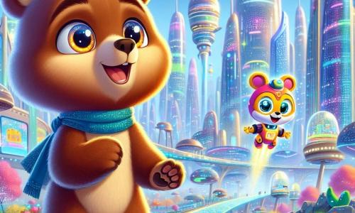 Un jeune ours brun aux yeux pétillants se tient au centre d'une ville futuriste, regardant autour de lui avec surprise et curiosité, prêt à explorer. À ses côtés, un petit robot-écureuil coloré, avec des yeux LED scintillants, sourit en flottant légèrement au-dessus du sol et pointe une direction à explorer. En arrière-plan, LuminoCity s'étend avec des tours de verre, des passerelles transparentes et des voitures volantes. Des panneaux lumineux et un parc aérien rempli de plantes colorées et de sculptures futuristes sont visibles. La scène montre l'ours et le robot-écureuil au début de leur aventure, entourés de lumières éclatantes et d'une atmosphère magique.