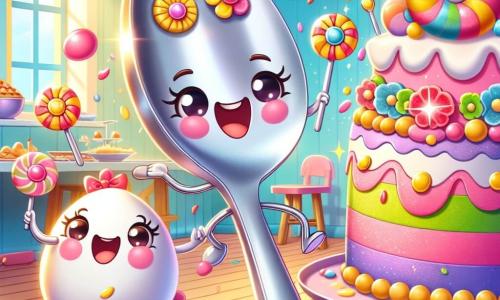 Câlinette, une cuillère en métal brillant avec un sourire et une petite fossette sur sa poignée, saute de joie devant un magnifique gâteau décoré de pétales de sucre. À côté d'elle, Sucre-doudou, un bonbon coloré avec des joues roses, danse joyeusement, tandis que Petit Œuf, un œuf blanc avec des yeux ronds et un petit chapeau, fait des pirouettes sur la table. La scène se déroule dans une cuisine chaleureuse, avec des murs pastel et une grande table en bois, illuminée par des rayons de soleil. Câlinette et ses amis préparent une surprise pour la fête des mamans, entourés de couleurs vives et de rires, avec le gâteau qui dégage une odeur de vanille et de sucre.