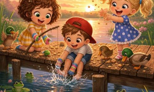 Trois enfants d'environ 6 ans en style chibi kawaii rient sur un petit ponton en bois au coucher du soleil : une fillette brune aux cheveux bouclés en robe rayée jaune et blanche fait semblant de pêcher avec des chaussettes-mains, Lucas, garçon châtain casquette rouge à l’envers, agite sa chaussette et éclabousse, Chloé, fillette blonde en couettes et robe bleue à pois blancs, applaudit en lançant des miettes de biscuits ; autour, quelques canards picorent et des grenouilles coassent sur les nénuphars, l’atmosphère est joyeuse avec des tons pastel chauds et des reflets rose-orangé sur l’eau.
