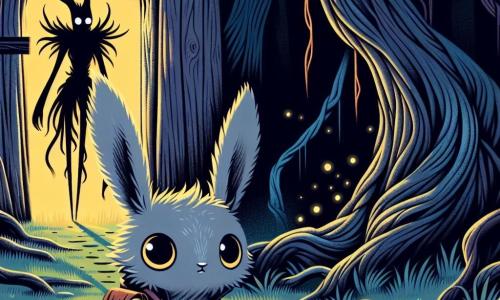 Un petit lapin nommé Nocte, aux longues oreilles et au pelage gris ébouriffé, se tient au centre d'une clairière sombre. Ses grands yeux brillent de détermination et de peur, tandis qu'il serre une bourse de cuir contre son cœur. À proximité, une ombre mystérieuse, faite d'écorce et de brume, flotte dans l'air avec des yeux blancs perçants, dégageant une aura menaçante et triste. La forêt est épaisse, avec des arbres tordus et un brouillard enveloppant le sol, tandis que des lucioles scintillent. Nocte hésite devant une porte de bois noir, soudainement apparue, alors que l'ombre s'approche lentement, prête à lui poser une question qui pourrait changer son destin.