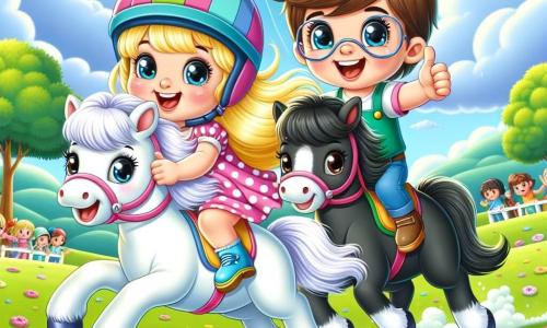 Une petite fille de 2 ans, nommée Lily, est assise sur son poney blanc. Elle porte une robe rose à pois et un casque coloré, ses cheveux blonds flottent au vent. À côté d'elle, un garçon de 6 ans, Tom, est sur son poney noir. Il sourit et lève un pouce en l'air. Le décor est un champ verdoyant avec des fleurs colorées et un ciel bleu. Des arbres se dressent au loin, et des spectateurs applaudissent. Lily et Tom sont prêts pour une course amicale, leurs poneys galopant côte à côte, remplis d'énergie et de joie.