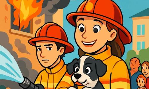 Capitaine Julie Morel, pompier au sourire éclatant, porte un casque rouge et une veste ignifugée. Elle tient un petit chien noir et blanc dans ses bras avec tendresse. À ses côtés, Malik, un jeune pompier de 25 ans, déploie une lance à incendie, concentré. En arrière-plan, une rue animée avec un immeuble, des flammes orange et de la fumée noire sortant des fenêtres. Des voisins inquiets observent la scène à distance. Julie sauve le chien coincé, tandis que la fumée tourbillonne autour d'eux, créant une atmosphère dramatique et héroïque.