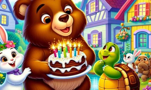 Un ours brun nommé Oscar, avec un pelage doux, sourit joyeusement en tenant un gâteau au chocolat décoré de bougies colorées. À ses côtés, un lapin blanc nommé Théo, aux grandes oreilles, saute de joie avec une carotte. Un peu plus loin, une tortue verte nommée Emma sourit en offrant un morceau de gâteau à Oscar. La scène se déroule dans un village pittoresque avec des maisons en bois colorées et un grand chêne au centre, où les amis se réunissent pour célébrer. Oscar souffle sur les bougies de son gâteau d'anniversaire, tandis que des confettis tombent autour d'eux, créant une ambiance festive.