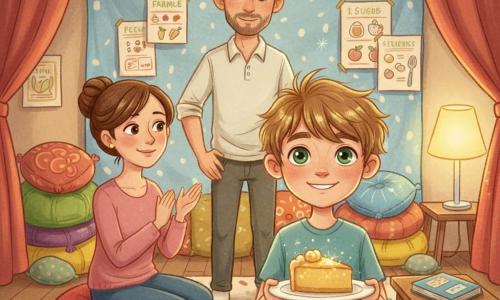 Léo, garçon de 10 ans, souriant et fier, cheveux châtain clair en bataille, tient une part de gâteau doré sur une assiette blanche au centre du salon transformé en petit théâtre ; sa mère d'environ 35 ans, cheveux bruns en chignon, assise sur un coussin à gauche, applaudit attendrie, et son père d'environ 38 ans, barbe courte et chemise claire, se tient en arrière-plan près d'une petite table où repose un cahier bleu usé, souriant et observant ; tapis moucheté, coussins colorés empilés, une couverture tendue en guise de rideau, guirlande de papier et affiches de recettes au mur, lumière chaude diffuse créant des reflets dorés, textures gouache et couleurs douces, moment intime et joyeux où Léo présente son gâteau comme un trésor familial.