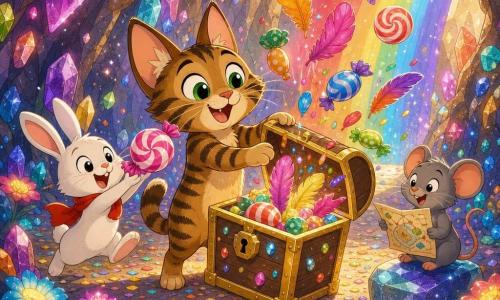 Un chat nommé Gigi, tigré brun et beige, debout sur ses pattes arrière, émerveillé en ouvrant un coffre scintillant; à gauche Loulou, petit lapin blanc à écharpe rouge, souriant et sautillant pour attraper un bonbon géant; à droite Zaza, petite souris grise tenant une carte sur une pierre brillante; grotte aux parois de cristaux colorés et pierres luisantes, arc‑en‑ciel lumineux à l'entrée, sol parsemé de fleurs phosphorescentes et confettis; coffre ouvert laissant s'envoler des bonbons géants et des plumes colorées, lumière chaude et expressions de surprise et de bonheur, style bande dessinée enfantine, palette douce et contours nets.