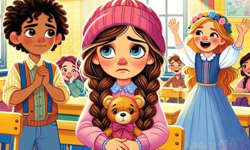 Dans une salle de classe colorée, trois amies sont réunies. Lila, 7 ans, pleure en tenant son ours en peluche, tandis que Mia, avec un bonnet rose, cherche sous une table avec détermination, et Zoé, en robe bleue, rit en encourageant ses amies. La salle est lumineuse avec des murs jaunes et des dessins d'enfants. Lila est triste de perdre son ours, mais Mia et Zoé l'aident avec enthousiasme, illustrant leur amitié et solidarité.