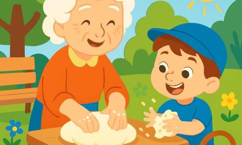 Madame Lise, une femme âgée aux cheveux blancs et bouclés, sourit chaleureusement en pétrissant une pâte à pain sur une table en bois. À ses côtés, Noé, un garçon de 7 ans portant un chapeau bleu, mélange la pâte avec enthousiasme. La scène se déroule dans un petit parc ensoleillé, entouré d'arbres et de fleurs. Un banc en bois et un panier de pain frais sont visibles. Ils partagent un moment joyeux à apprendre à faire du pain, entourés de l'odeur de farine et du soleil.