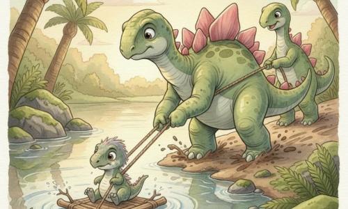 Un jeune stégosaure timide mais déterminé, Max, écailles vert tendre et plaques dorsales rosées, tire une corde dans la boue pour sortir Piko, un petit dinosaure tremblant et mouillé accroché à un radeau au milieu d’un lac miroir entouré de fougères géantes et de cycas ; Lucy, amie malicieuse de Max, se tient sur la rive en souriant et tire l’autre extrémité, tandis que l’eau claire reflète des nuages cotonneux, les éclaboussures dessinent des arcs et la lumière dorée du soir donne à la scène une ambiance douce, héroïque et aquarellée.
