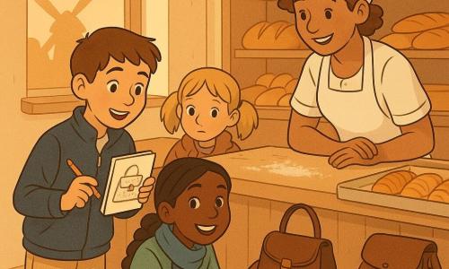 Trois enfants dans une boulangerie de village lumineuse : un garçon d'environ 10 ans aux cheveux châtain courts, veste bleu marine et pantalon beige, debout à gauche du comptoir en bois clair saupoudré de farine, tenant un carnet et un crayon et montrant un croquis ; une fille d'environ 10 ans aux cheveux bruns en tresse, écharpe bleue et manteau vert clair, accroupie près d'un coffre à droite et souriant en présentant un sac à main brun retrouvé ; une plus jeune fille d'environ 8 ans, cheveux blonds en couettes et veste usée, un peu en retrait et timide, tenant une petite boîte à musique ; la vitrine montre des croissants dorés, la fenêtre ouverte laisse entrer la lumière orangée du soir et révèle le moulin en silhouette au loin, l'ambiance est chaleureuse.