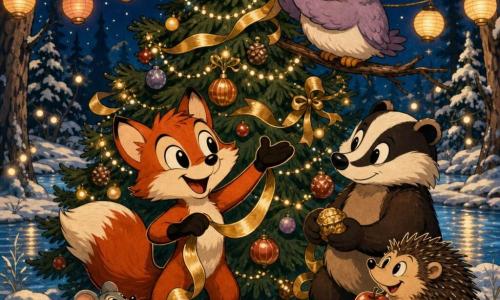Petit renard roux joyeux devant un grand sapin décoré, tenant un ruban doré; chouette lila perchée accrochant une étoile; petite souris grise applaudissant près des pattes du renard; blaireau brun tenant une noisette; hérisson souriant assis sur une souche avec une pomme; clairière enneigée, rivière gelée scintillante, lune brillante et ciel étoilé; petite fête du Nouvel An, cercle d'animaux, lumières chaudes, expressions joyeuses et partage de friandises.