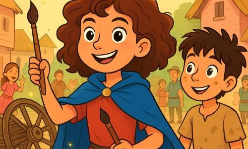 Au centre de l'image, Lysandre, une jeune fille aux cheveux châtains et bouclés, porte une cape bleue et affiche un sourire déterminé. Elle tient un pinceau et une baguette magique, prête à écrire des noms secrets. À côté, Milo, un garçon de dix ans aux cheveux en bataille, l'admire, vêtu d'une tunique simple. En arrière-plan, la place du village est animée avec des maisons en roseaux et des enfants jouant. La scène montre Lysandre et Milo devant la charrette brisée de Dame Pernelle, entourés de villageois, prêts à utiliser la magie pour la réparer, dans une atmosphère pleine d'espoir et d'aventure.