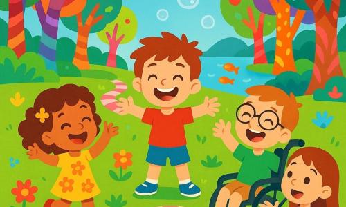 Quatre enfants s'amusent dans une forêt enchantée. Léo, 7 ans, est au centre, les bras ouverts, portant un t-shirt rouge et un short bleu. À gauche, Mia, 6 ans, avec des cheveux bouclés et une robe jaune à fleurs, saute d'excitation. À droite, Jules, 8 ans, dans un fauteuil roulant avec des lunettes et un t-shirt vert, rit en levant les bras. Zoé, 7 ans, assise sur l'herbe à côté de Jules, porte un t-shirt violet et un short en denim, et raconte une histoire. La forêt est colorée avec des arbres multicolores et un chemin de bonbons. Les enfants rient et comptent ensemble sur l'herbe, entourés de magie et de bulles de rire.