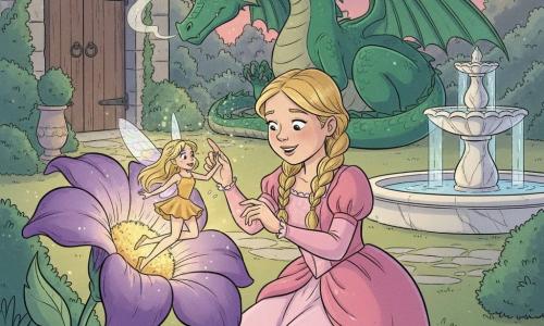 Princesse d'environ 12 ans, visage rond et souriant, cheveux blonds tressés, agenouillée qui ouvre délicatement une grande fleur violette d'où jaillit une petite fée Lila blonde aux ailes irisées dans une pose joyeuse; un grand dragon vert émeraude endormi près d'une porte de pierre couverte de lierre; jardin de château au crépuscule avec allées pavées, fontaine en marbre et lampions, lumière dorée et atmosphère chaleureuse et pleine d'espoir.