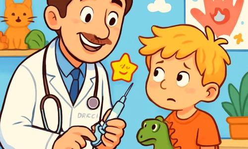 Un médecin, Dr Pascal, souriant et chaleureux, porte une blouse blanche et un stéthoscope. Il examine un petit garçon d'environ 6 ans, aux cheveux blonds en bataille, qui tient un jouet dinosaure. Le cabinet médical est lumineux, avec des murs bleu clair décorés de dessins d'animaux. Dr Pascal rassure le garçon avant une piqûre en lui montrant un autocollant étoile qu'il lui offrira. L'atmosphère est chaleureuse et ludique, remplie de couleurs vives.
