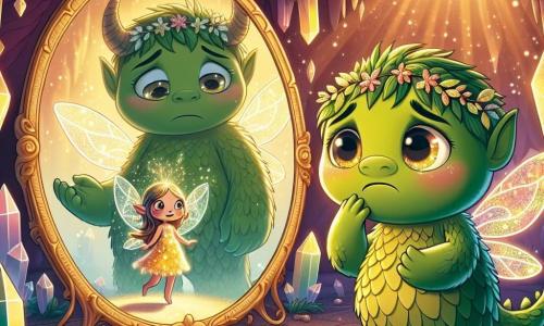 Au centre de l'image, Grumbo, un grand monstre à la peau verte écaillée et aux grandes oreilles en forme de feuille, regarde avec tristesse un miroir ancien entouré de cristaux scintillants. À sa droite, Lila, une petite fée aux ailes brillantes et à la robe de pétales colorés, flotte avec un sourire encourageant, prête à le soutenir. En arrière-plan, une caverne majestueuse avec des murs ornés de cristaux crée une atmosphère magique. Grumbo, le cœur battant, observe le miroir magique tandis que Lila l'encourage à croire en lui, symbolisant l'espoir et la découverte de soi.