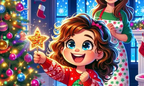 Une petite fille de 4 ans, Lisa, sourit en tenant une étoile scintillante. Elle porte un pull rouge à motifs de flocons de neige et une jupe en tulle blanche, devant un sapin de Noël décoré. Sa maman, d'environ 30 ans, avec des cheveux longs et un tablier de Noël, prépare des biscuits à côté d'elle. La scène se déroule dans un salon chaleureux, avec un sapin illuminé, des chaussettes à la cheminée, et des flocons de neige tombant à l'extérieur. Lisa, joyeuse, vient de retrouver l'étoile du sapin, prête à l'accrocher au sommet.
