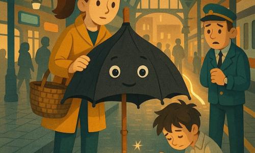 Un grand parapluie anthropomorphe noir en tissu texturé, poignée en bois craquelée, ouvert comme une petite tente avec une expression douce et déterminée et yeux cousus brillants, bloque un passage lumineux au centre d’un quai de gare. Mado, jeune femme aux cheveux châtain en queue-de-cheval, manteau moutarde et panier tressé, se tient juste derrière, la main sur la poignée, soulagée et attentive. Un apprenti-magicien mince, cheveux ébouriffés et chemise froissée, est à genoux en train de détendre un fil argenté autour d’un nœud de lumière, honteux mais concentré. Un contrôleur, montre-bracelet visible, observe, préoccupé mais reconnaissant. Le quai urbain présente arches de verre stylisées, trottoirs pavés, panneaux lumineux colorés, arbres feuillus formant une frange, et reflets doux sur le sol mouillé. Au centre, un couloir lumineux mi-magique mi-électrique avec une corde de lumière nouée scintille et se détend lentement, tandis que des voyageurs aux silhouettes arrêtées montrent surprise puis soulagement. Ambiance cosy de fantasy urbaine, couleurs chaudes et contrastées (moutarde, teal, noir, argent), textures papier découpé et éclairage doux de fin d’après-midi, composition centrée et lisible pour enfants.