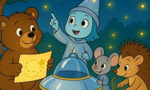 Malo l'ours, avec une fourrure douce et brune, tient une carte lumineuse. À côté de lui, Luma, une petite fille extraterrestre, pointe vers le ciel. Mimi la souris, avec un air espiègle, tient une lampe artisanale. Gaspard le hérisson examine une boîte à outils. Ils sont réunis autour d'un vaisseau brillant, entre des fleurs et un pommier. Le jardin, baigné de lumière douce avec des lucioles, crée une atmosphère magique. La scène montre les amis unissant leurs efforts pour réparer le vaisseau.