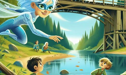Nova, une jeune femme aux cheveux bleu électrique, flotte avec un sourire déterminé, ses yeux verts pétillants de courage. Elle porte un costume scintillant et tend les bras vers un petit garçon effrayé, coincé sous un vieux pont en bois. Le garçon, âgé d'environ 7 ans, avec des cheveux bruns en désordre et des yeux pleins de larmes, regarde Nova avec espoir. Il est assis sur le sol, entouré de feuilles et de pierres, tandis que sa famille, composée de deux jeunes filles et d'une mère inquiète, observe la scène. Le cadre est une rivière paisible, avec des eaux scintillantes et des arbres verdoyants, créant une atmosphère sereine. Nova, héroïque et pleine de compassion, s'apprête à soulever le petit garçon, symbolisant l'espoir et l'amitié dans un monde de super-héros.