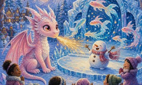 Un petit dragon nommé Aurore, doux et émerveillé, souffle un souffle doré ; ses écailles rose pâle aux reflets givrés et ses yeux couleur d'aube brillent, ailes repliées, assis près d'un petit théâtre de glace où il fait danser des poissons-lumière translucides irisés bleu et saumon qui sautent en arcs au‑dessus d'une piste glacée en laissant des traînées d'étincelles. Un bonhomme de neige rond, boutons redevenus souriants, lève les bras en riant, écharpe effilochée virevoltant devant le théâtre. La scène se déroule dans un village de vallée enneigée — sapins givrés, lanternes bleues, cristaux scintillants et flocons comme confettis — et montre la joie retrouvée du village avec Aurore au centre, geste de gentillesse et magie douce, palette froide rehaussée de touches dorées. Style : acrylique texturée, coups de pinceau visibles, couleurs contrastées et lumière scintillante, composition claire et centrée pour enfants.