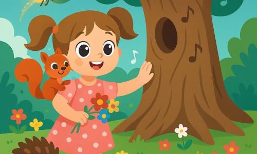 Lila, 6 ans, souriante et émerveillée, cheveux châtain clair en deux couettes, porte une robe rose à pois blancs, pose une main sur l'écorce douce d'un immense arbre chantant au tronc large et creux et tient des fleurs multicolores; Noisette, un écureuil roux aux yeux vifs, est sur son épaule gauche, Picpic, un petit hérisson brun aux piquants arrondis, se tient devant elle, et Luciole, une fée-lampe dorée comme une luciole, vole au-dessus en laissant une traînée lumineuse; des racines torsadées, des feuilles argentées scintillantes et des petites fleurs entourent l'arbre, une rivière de bulles forme un pont menant au tronc; ambiance joyeuse et magique, couleurs vives et douces, contours nets et éléments simples pour un enfant.