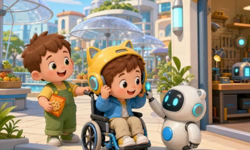 Trois personnages sur une place de marché futuriste lumineuse : Milo, garçon de 3 ans aux cheveux bruns en bataille, porte un casque jaune à oreilles de chat et est assis dans un petit fauteuil roulant à gauche ; Yan, garçon de 3 ans rond et souriant, en salopette verte, se tient juste derrière Milo ; Plip, petit robot aide-tech neutre en genre, blanc avec détails cyan et un gros bouton bleu, est placé entre Milo et une porte d'atelier ouverte. Les deux enfants essayent ensemble le casque traducteur pendant que Plip appuie sur un bouton pour le calmer ; la scène est douce et tranquille, matinée de lumière chaude, couleurs pastel et ombres douces.