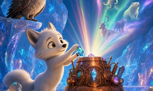 Arlo, un jeune renardeau polaire blanc au pelage duveteux et aux yeux noisette, affiche une expression joyeuse et concentrée ; il insère délicatement un cristal bleu dans la Mémoire du Glacier, une grande machine steampunk en cuivre incrustée de cristaux qui émet une douce lueur et vibre. Un vieux hibou brun-gris aux yeux dorés, perché sur une corniche de glace, observe avec fierté. L'intérieur translucide du glacier, murs bleu-azur veinés d'arc-en-ciel, stalactites scintillantes et rivière souterraine brillante, s'illumine : des rayons colorés jaillissent et des images d'animaux anciens et d'aurores boréales dansent dans la glace, créant une atmosphère magique et chaleureuse.