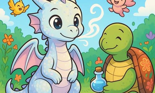 Lumo, un jeune dragon aux écailles brillantes, se tient au centre de l'image, avec des yeux pleins d'espoir et un léger sourire. Ses ailes sont repliées contre son corps, et il respire profondément, entouré d'une lumière dorée. À côté de lui, Maéa, une tortue sage avec une carapace florale, l'observe avec bienveillance, tenant un flacon de potion. En arrière-plan, un jardin luxuriant s'étend sous un ciel bleu clair. La scène montre Lumo pratiquant des exercices de respiration, avec de petites volutes de fumée s'échappant de sa bouche, tandis que ses amis ailés l'encouragent joyeusement.
