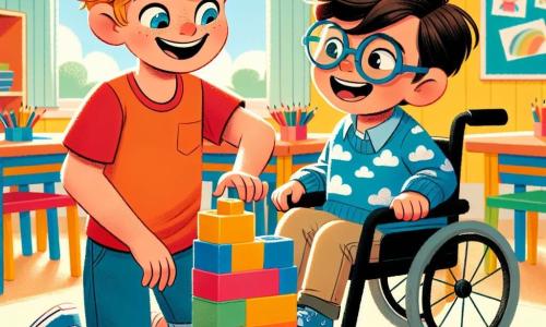 Lucas, un garçon de 6 ans aux cheveux blonds en bataille et aux yeux bleus, sourit en jouant avec des blocs de construction colorés. Il porte un t-shirt rouge et un short en jean. À ses côtés, Diego, également âgé de 6 ans, a des cheveux bruns et porte des lunettes. Assis dans son fauteuil roulant, il sourit et porte un pull bleu à motifs de nuages tout en empilant des blocs avec Lucas. La scène se déroule dans une salle de classe lumineuse aux murs jaunes, ornée de dessins d'enfants, remplie de lumière naturelle. Les tables en bois clair sont couvertes de crayons et de feuilles de papier. Lucas et Diego construisent un château en blocs, riant ensemble et partageant des idées, illustrant leur amitié.