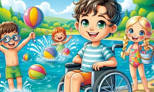 Dans un parc ensoleillé près d'un lac, Émile, 8 ans, sourit dans son fauteuil roulant. À sa droite, Lucas, 9 ans, lève les bras pour lancer un ballon d'eau. À gauche, Sofia, 7 ans, rit avec un seau de ballons d'eau. Maxime, 8 ans, les rejoint avec un grand ballon d'eau. Le parc est rempli d'arbres, de fleurs et d'un ciel bleu. Les enfants s'amusent ensemble, éclaboussant joyeusement l'eau, créant une atmosphère de bonheur et d'amitié.